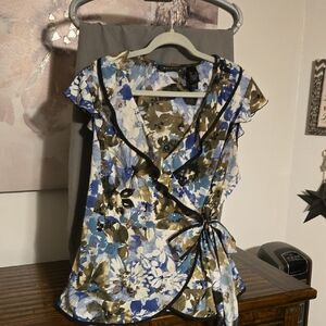Axcess Floral Wrap Top - Blue, Green and Brown XL